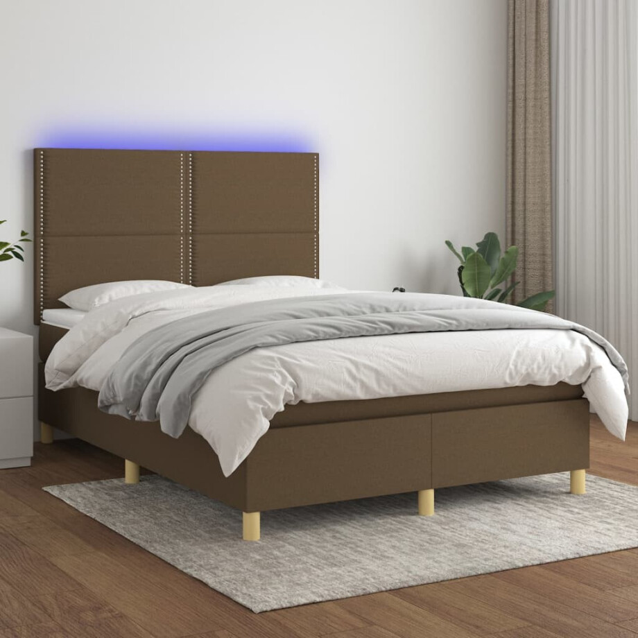 vidaXL Boxspring met matras en LED stof donkerbruin 140x200 cm vidaXL Boxspring met matras en LED stof donkerbruin 140x200 cm afbeelding 1
