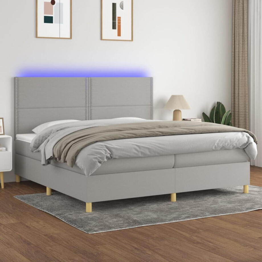 vidaXL Boxspring met matras en LED stof lichtgrijs 200x200 cm afbeelding 1