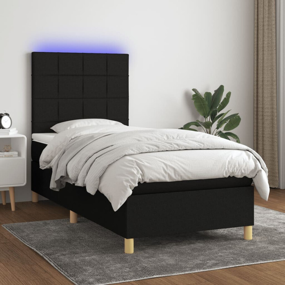 vidaXL Boxspring met matras en LED stof zwart 90x200 cm afbeelding 1