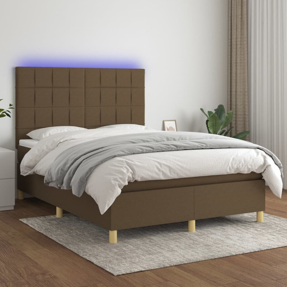 vidaXL Boxspring met matras en LED stof donkerbruin 140x200 cm vidaXL Boxspring met matras en LED stof donkerbruin 140x200 cm afbeelding 1