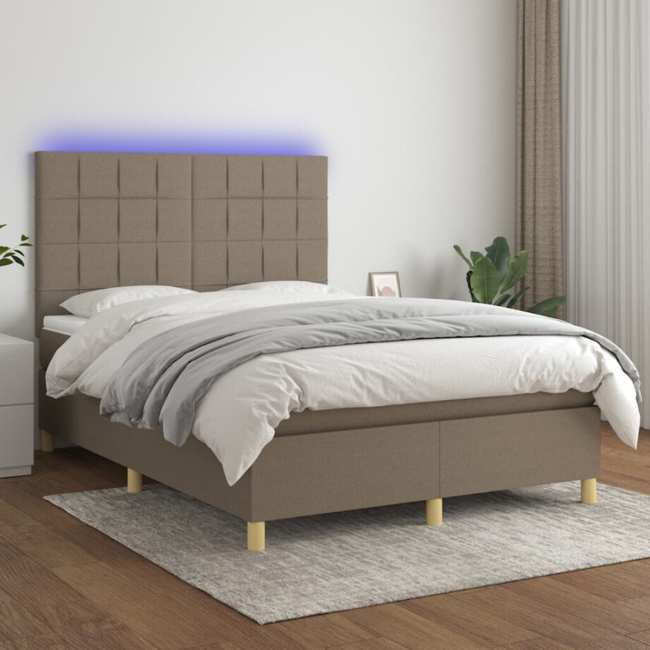 vidaXL Boxspring met matras en LED stof taupe 140x200 cm afbeelding 1