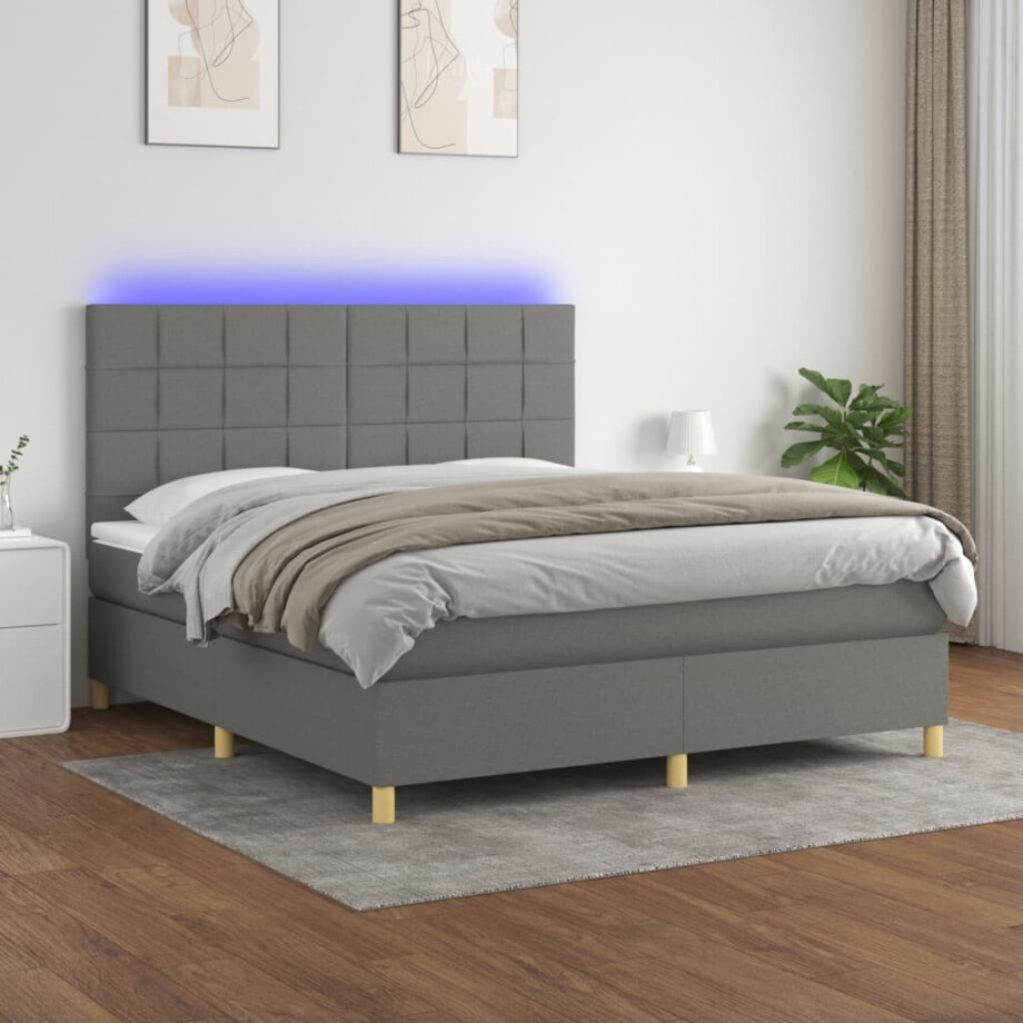 vidaXL Boxspring met matras en LED stof donkergrijs 160x200 cm afbeelding 1