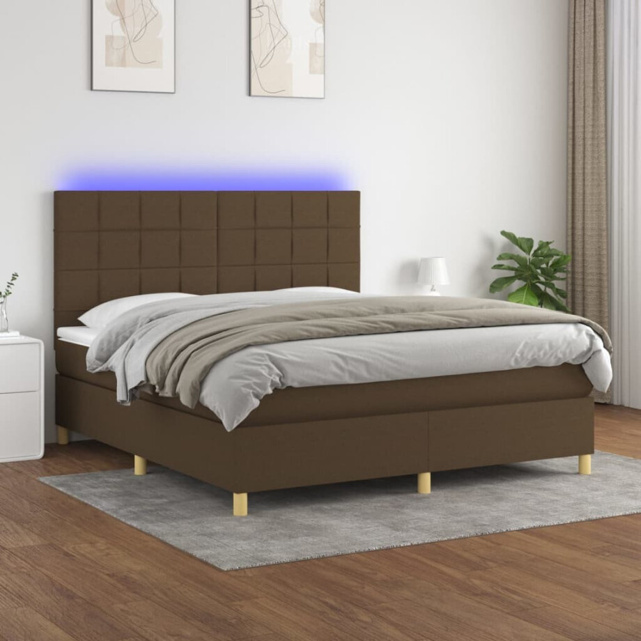 vidaXL Boxspring met matras en LED stof donkerbruin 180x200 cm afbeelding 1