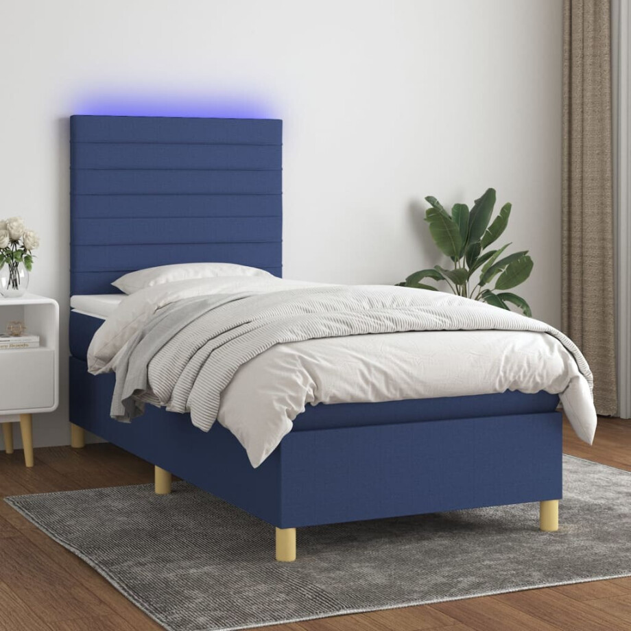 vidaXL Boxspring met matras en LED stof blauw 90x190 cm afbeelding 1