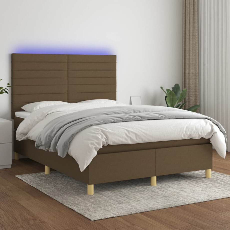 vidaXL Boxspring met matras en LED stof donkerbruin 140x200 cm afbeelding 1