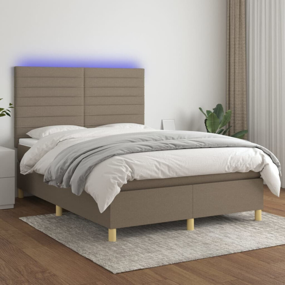 vidaXL Boxspring met matras en LED stof taupe 140x200 cm afbeelding 1