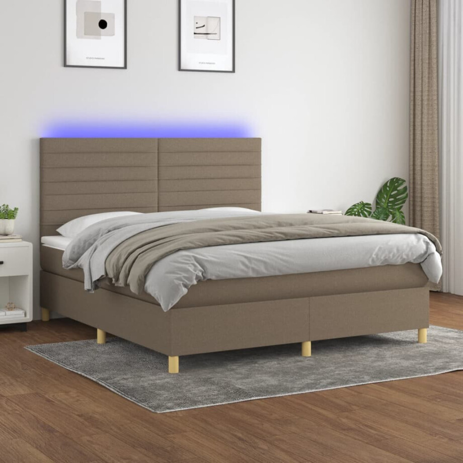 vidaXL Boxspring met matras en LED stof taupe 160x200 cm vidaXL Boxspring met matras en LED stof taupe 160x200 cm afbeelding 1