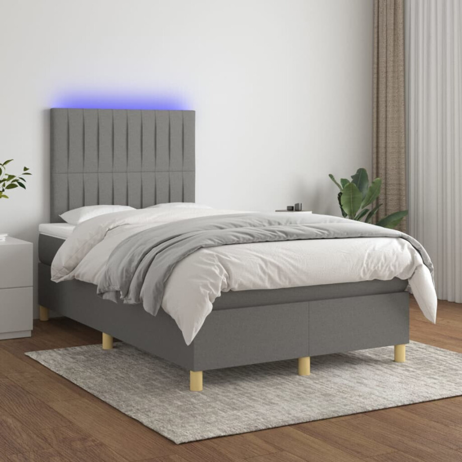 vidaXL Boxspring met matras en LED stof donkergrijs 120x200 cm afbeelding 1