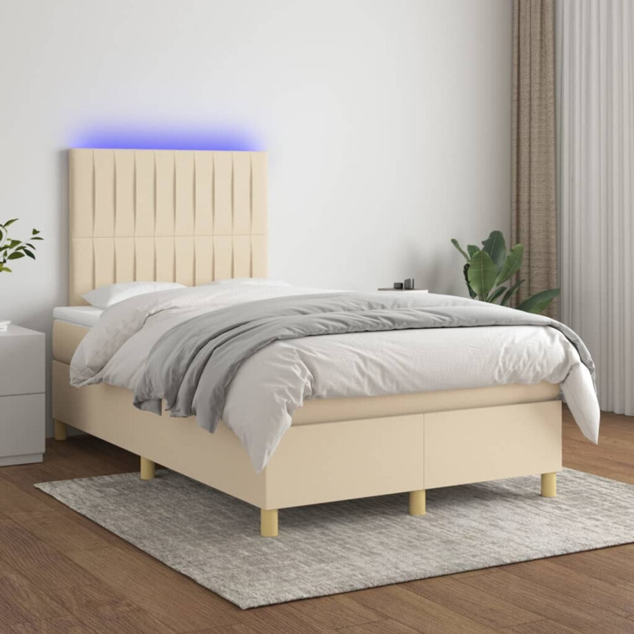 vidaXL Boxspring met matras en LED stof crèmekleurig 120x200 cm afbeelding 1
