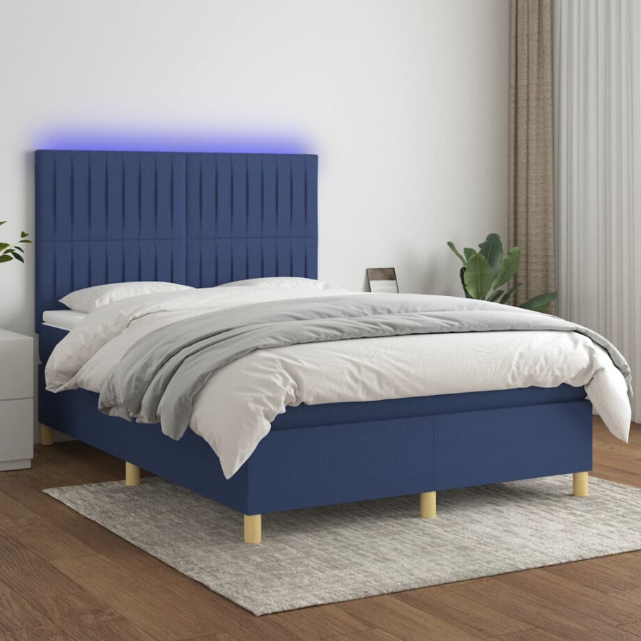 vidaXL Boxspring met matras en LED stof blauw 140x190 cm afbeelding 1
