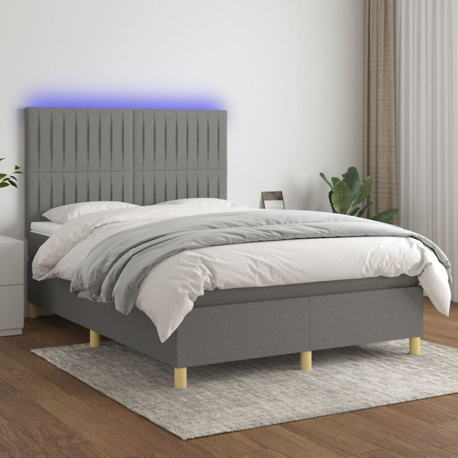 vidaXL Boxspring met matras en LED stof donkergrijs 140x200 cm vidaXL Boxspring met matras en LED stof donkergrijs 140x200 cm afbeelding 1