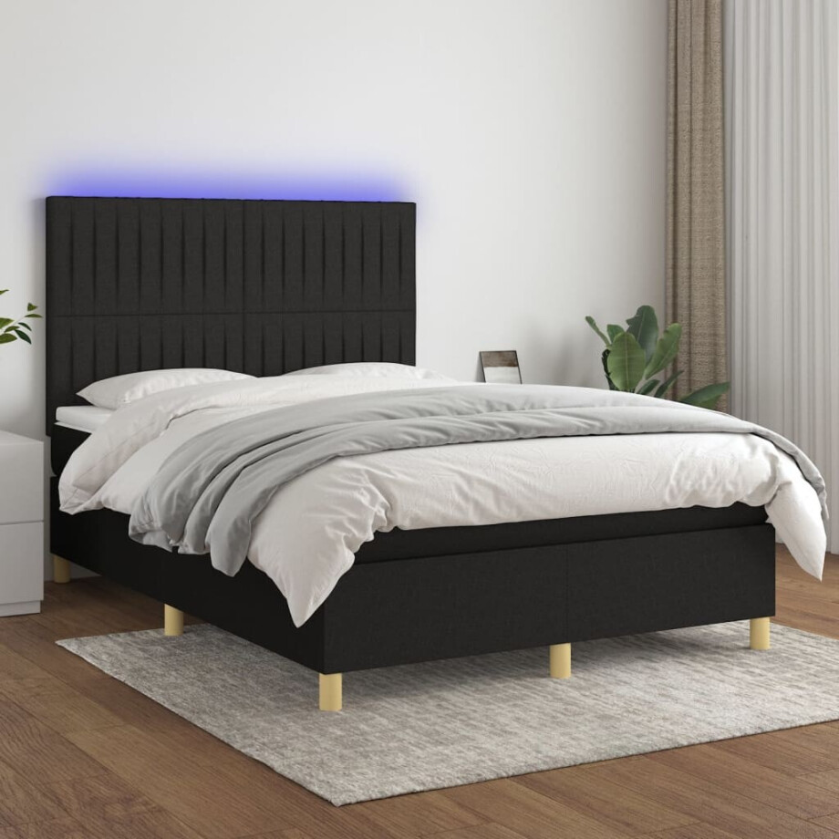 vidaXL Boxspring met matras en LED stof zwart 140x200 cm afbeelding 1