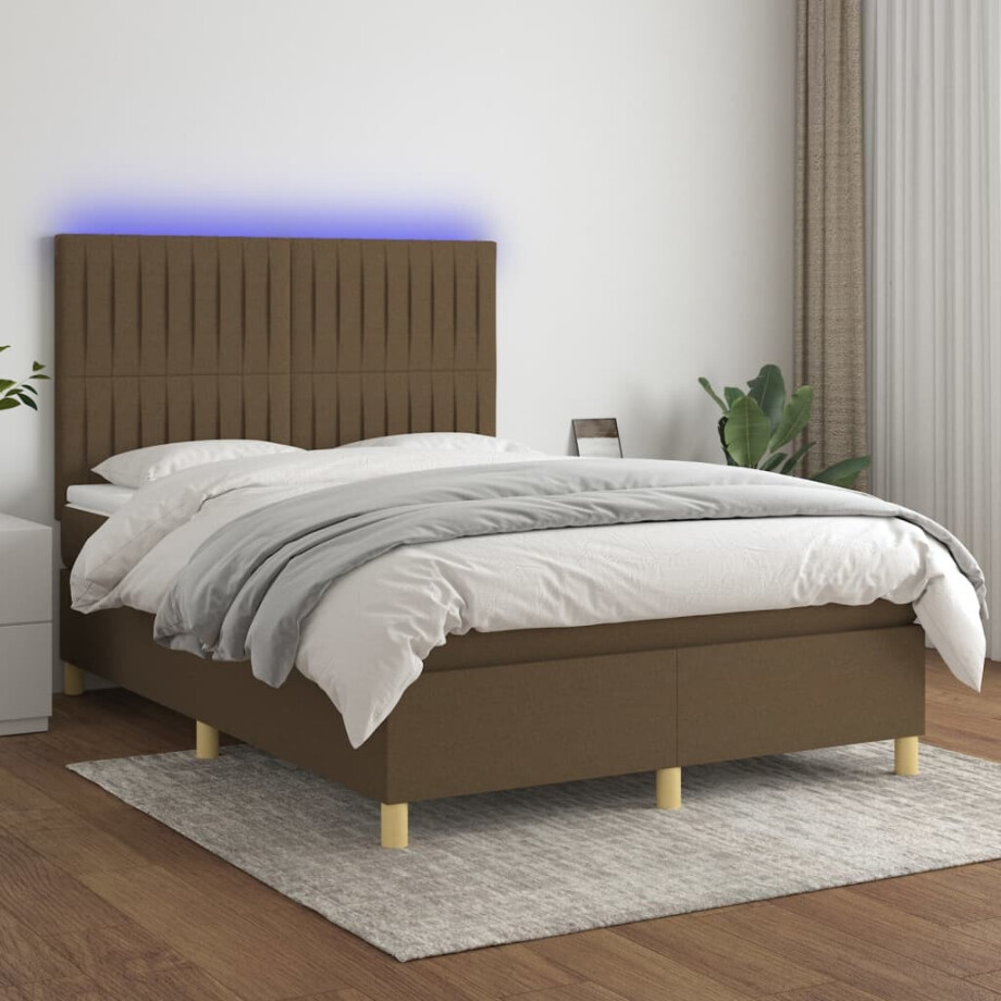 vidaXL Boxspring met matras en LED stof donkerbruin 140x200 cm vidaXL Boxspring met matras en LED stof donkerbruin 140x200 cm afbeelding 1