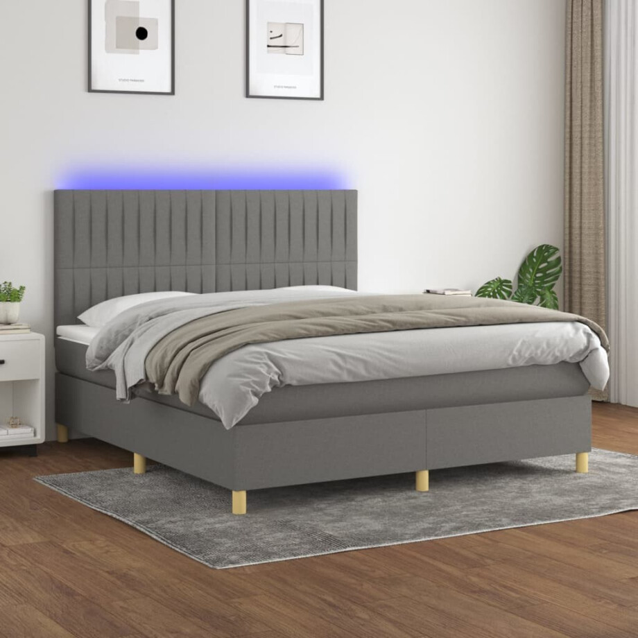 vidaXL Boxspring met matras en LED stof donkergrijs 160x200 cm vidaXL Boxspring met matras en LED stof donkergrijs 160x200 cm afbeelding 1