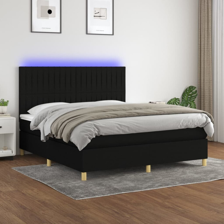 vidaXL Boxspring met matras en LED stof zwart 160x200 cm afbeelding 1