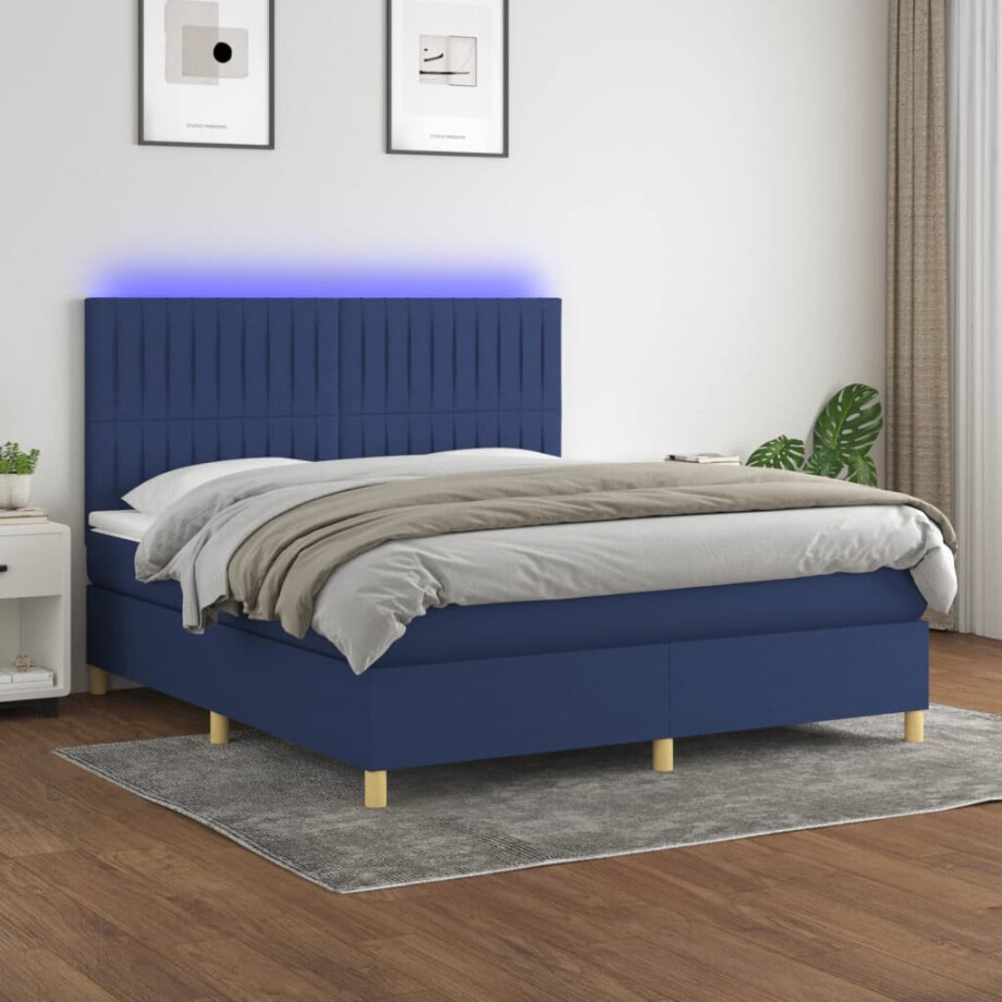vidaXL Boxspring met matras en LED stof blauw 180x200 cm afbeelding 1