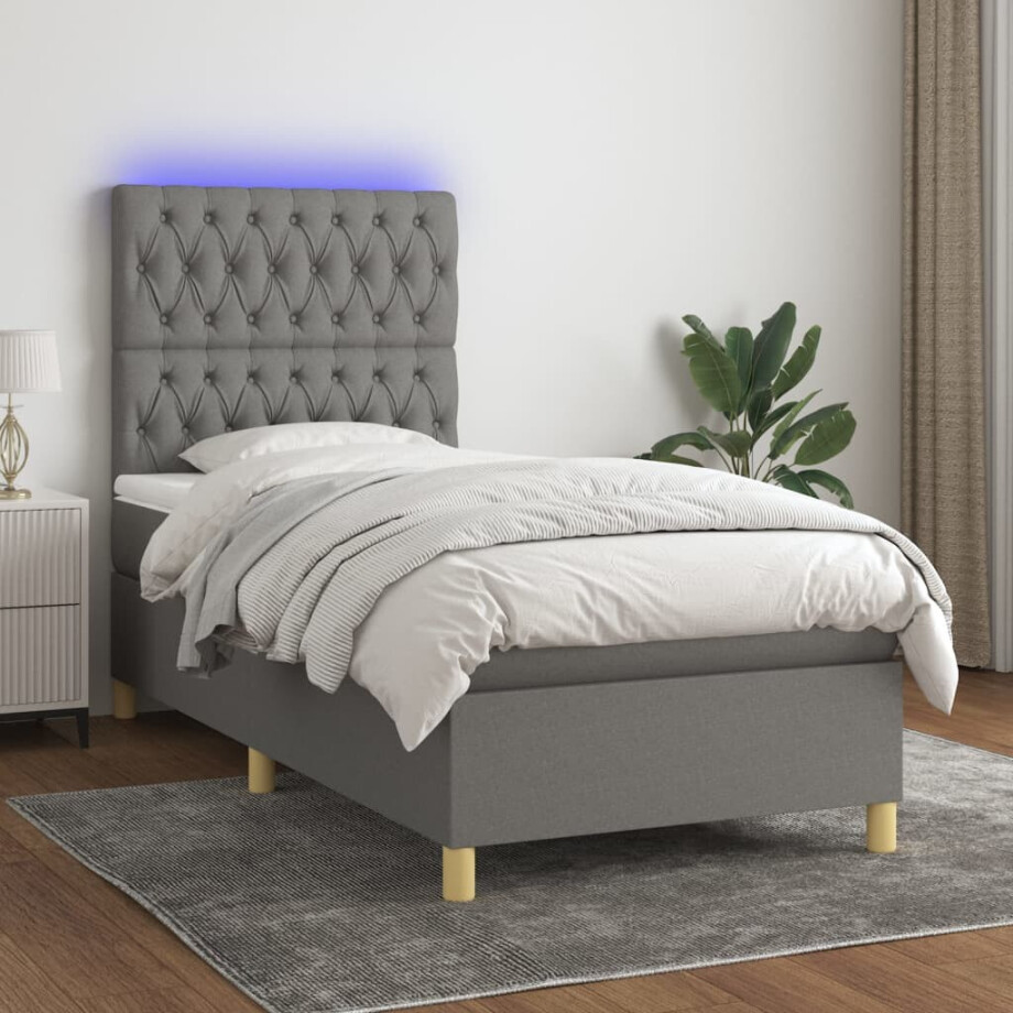 vidaXL Boxspring met matras en LED stof donkergrijs 90x190 cm vidaXL Boxspring met matras en LED stof donkergrijs 90x190 cm afbeelding 1