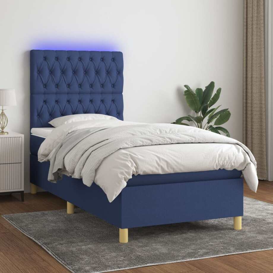 vidaXL Boxspring met matras en LED stof blauw 90x200 cm afbeelding 1