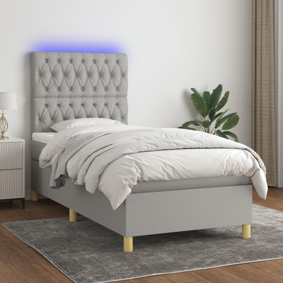 vidaXL Boxspring met matras en LED stof lichtgrijs 100x200 cm afbeelding 1