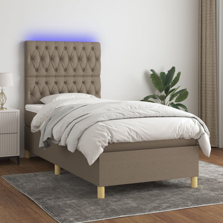 vidaXL Boxspring met matras en LED stof taupe 100x200 cm afbeelding 1