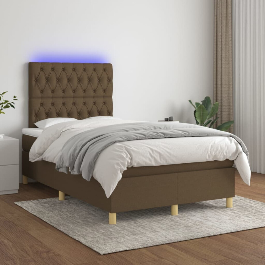 vidaXL Boxspring met matras en LED stof donkerbruin 120x200 cm afbeelding 1