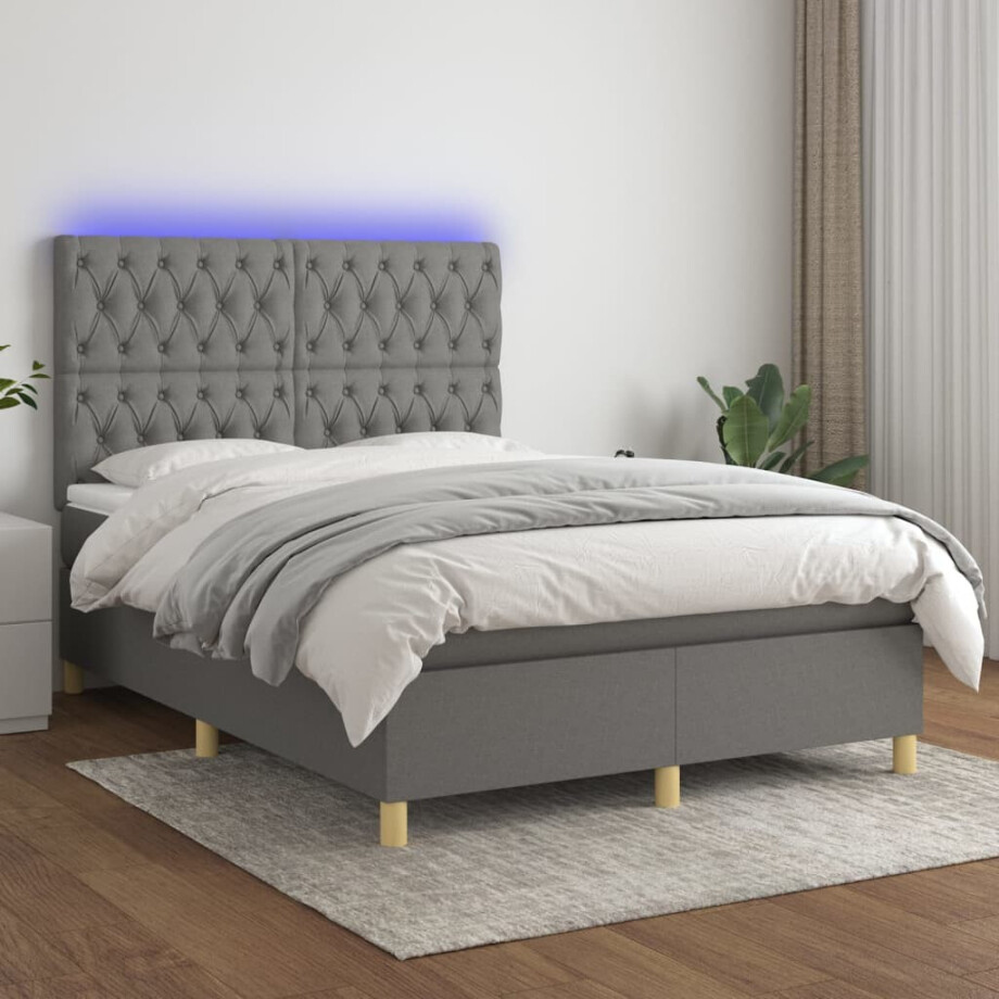 vidaXL Boxspring met matras en LED stof donkergrijs 140x190 cm vidaXL Boxspring met matras en LED stof donkergrijs 140x190 cm afbeelding 1