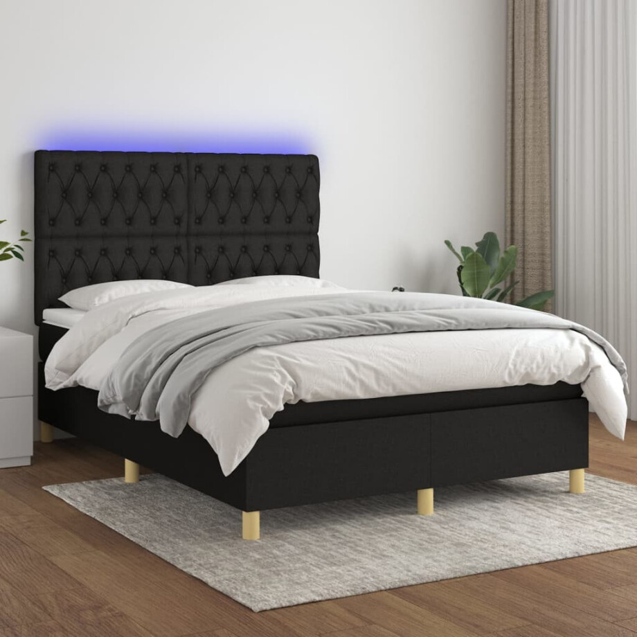 vidaXL Boxspring met matras en LED stof zwart 140x190 cm afbeelding 1