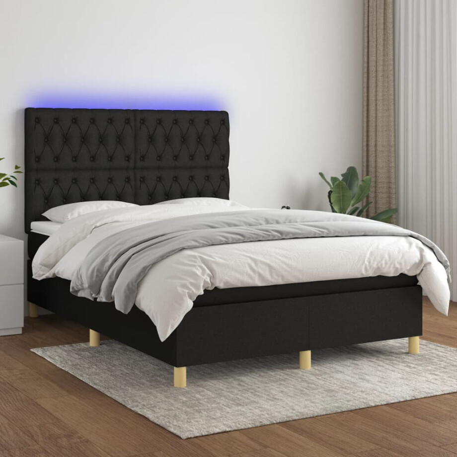 vidaXL Boxspring met matras en LED stof zwart 140x200 cm afbeelding 1