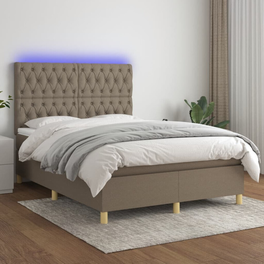 vidaXL Boxspring met matras en LED stof taupe 140x200 cm vidaXL Boxspring met matras en LED stof taupe 140x200 cm afbeelding 1