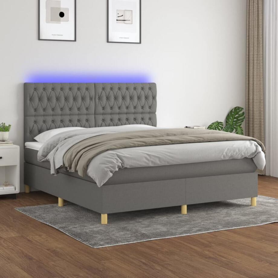 vidaXL Boxspring met matras en LED stof donkergrijs 160x200 cm vidaXL Boxspring met matras en LED stof donkergrijs 160x200 cm afbeelding 1