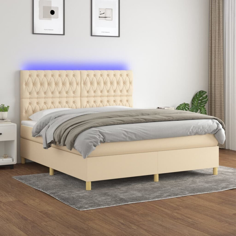 vidaXL Boxspring met matras en LED stof crèmekleurig 180x200 cm vidaXL Boxspring met matras en LED stof crèmekleurig 180x200 cm afbeelding 1