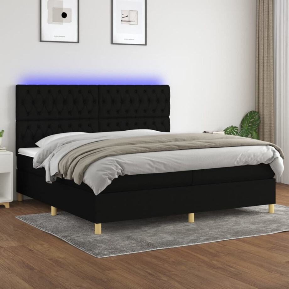 vidaXL Boxspring met matras en LED stof zwart 200x200 cm afbeelding 1