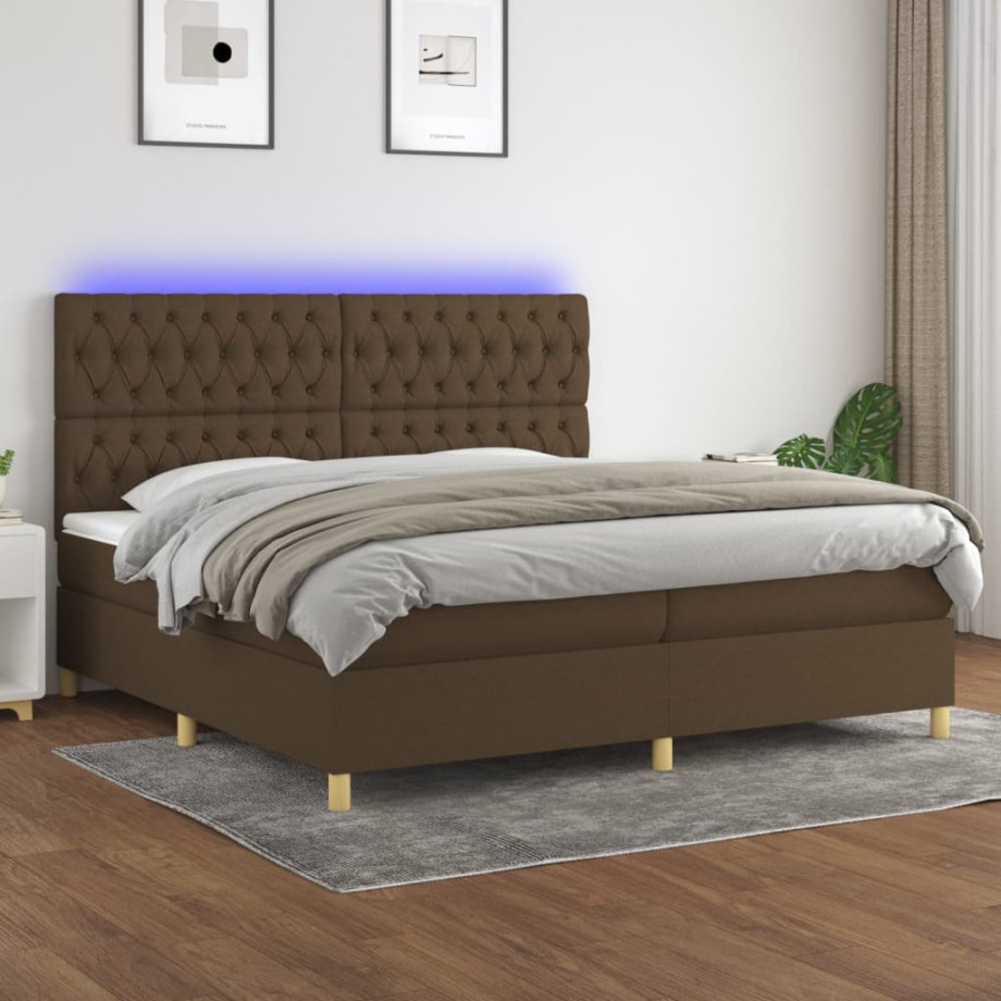 vidaXL Boxspring met matras en LED stof donkerbruin 200x200 cm afbeelding 1