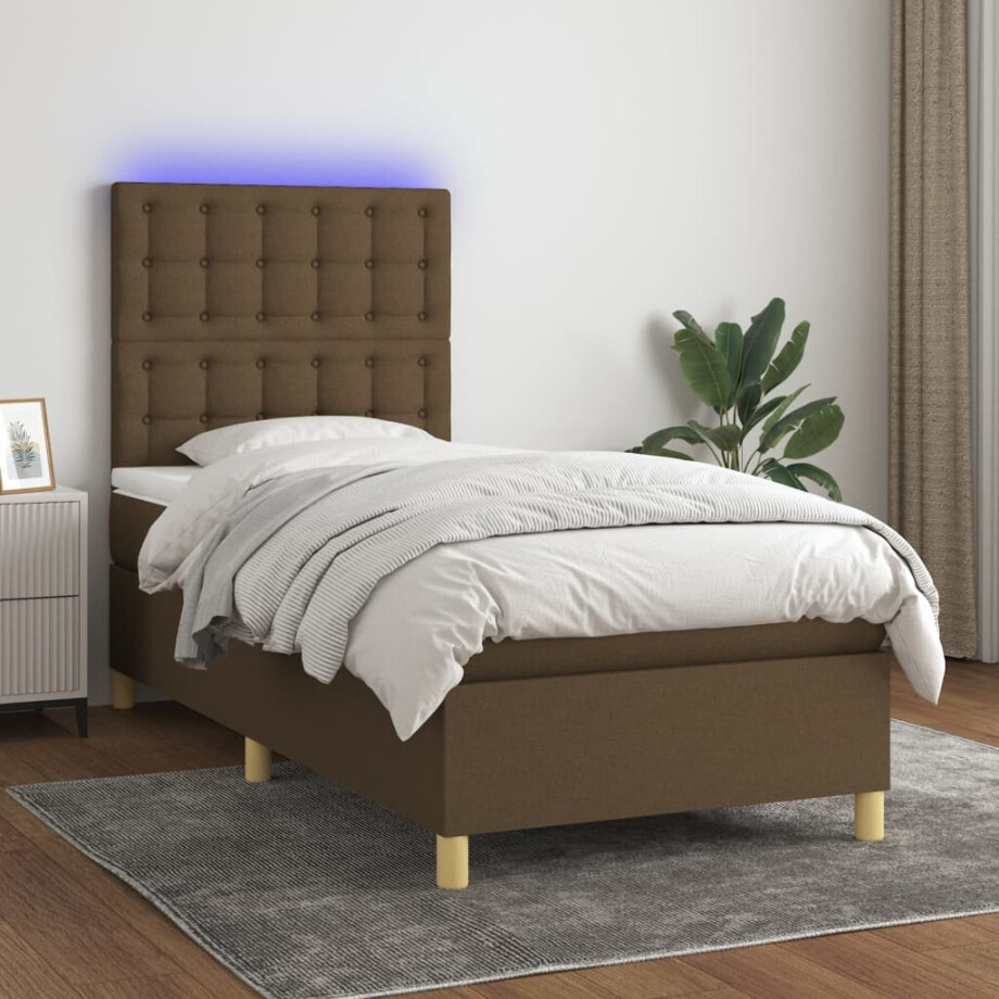 vidaXL Boxspring met matras en LED stof donkerbruin 90x190 cm vidaXL Boxspring met matras en LED stof donkerbruin 90x190 cm afbeelding 1