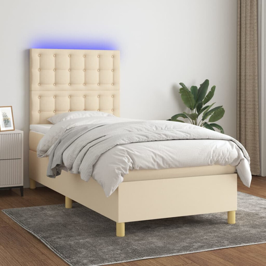 vidaXL Boxspring met matras en LED stof crèmekleurig 80x200 cm afbeelding 1