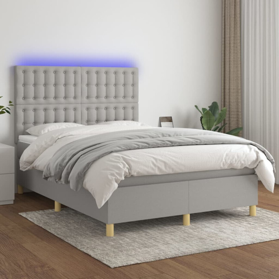 vidaXL Boxspring met matras en LED stof lichtgrijs 140x200 cm afbeelding 1