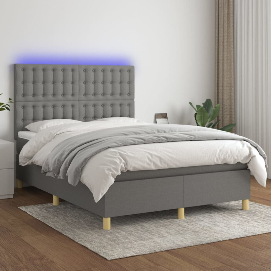 vidaXL Boxspring met matras en LED stof donkergrijs 140x200 cm vidaXL Boxspring met matras en LED stof donkergrijs 140x200 cm afbeelding 1