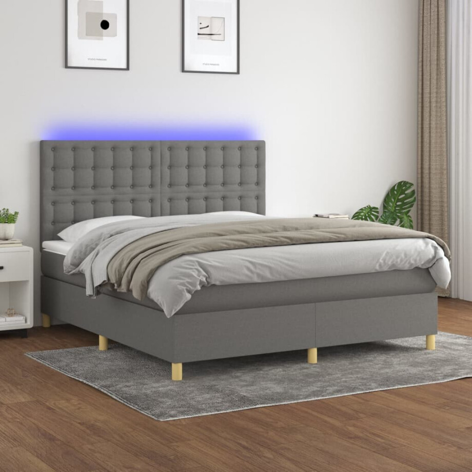 vidaXL Boxspring met matras en LED stof donkergrijs 160x200 cm afbeelding 1