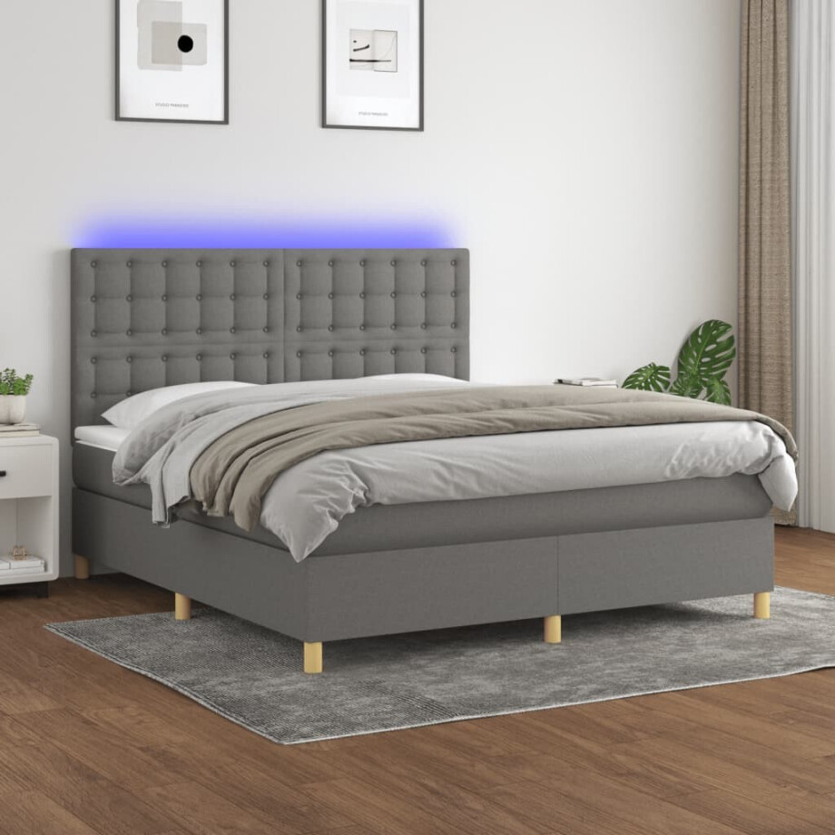 vidaXL Boxspring met matras en LED stof donkergrijs 180x200 cm afbeelding 1