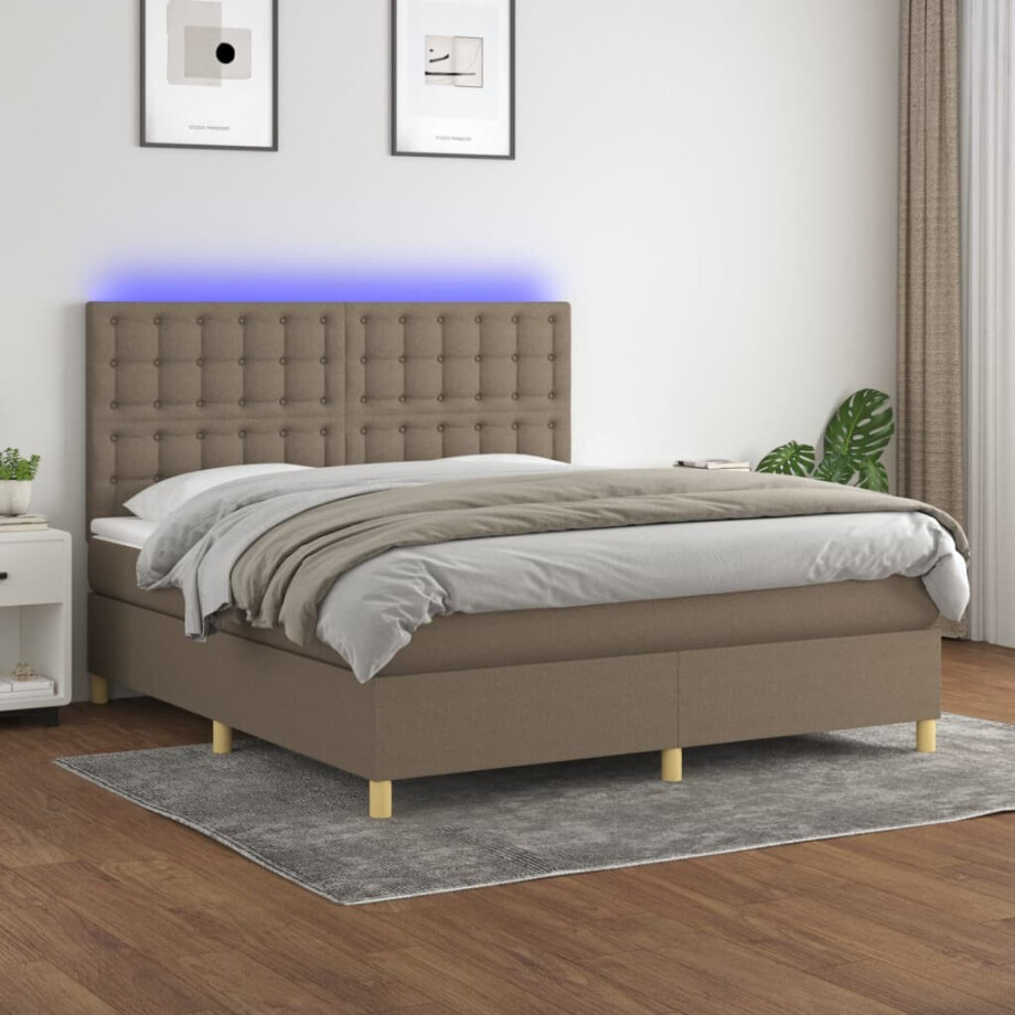 vidaXL Boxspring met matras en LED stof taupe 180x200 cm afbeelding 1