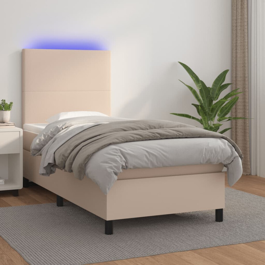 vidaXL Boxspring met matras en LED kunstleer cappuccinokleur 90x190 cm afbeelding 1