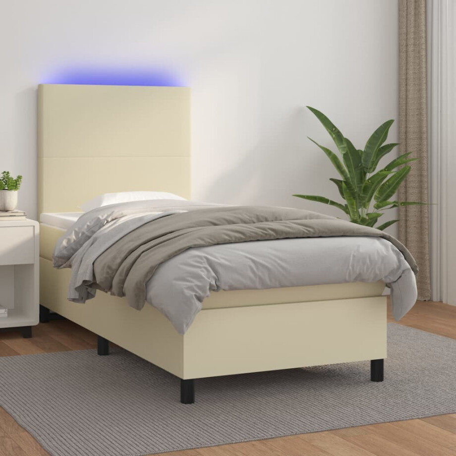 vidaXL Boxspring met matras en LED kunstleer crèmekleurig 100x200 cm afbeelding 1