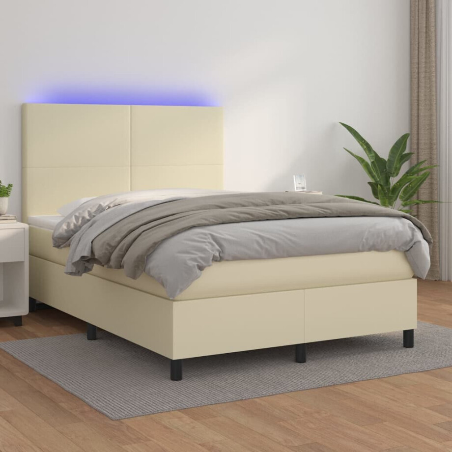 vidaXL Boxspring met matras en LED kunstleer crèmekleurig 140x190 cm vidaXL Boxspring met matras en LED kunstleer crèmekleurig 140x190 cm afbeelding 1