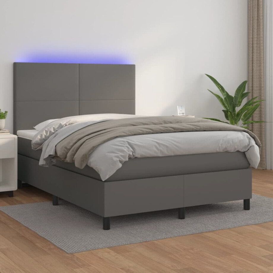 vidaXL Boxspring met matras en LED kunstleer grijs 140x190 cm vidaXL Boxspring met matras en LED kunstleer grijs 140x190 cm afbeelding 1