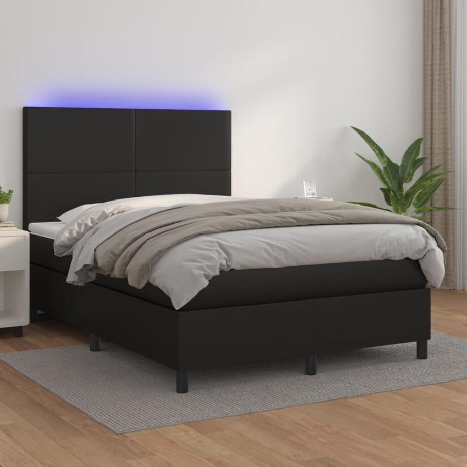 vidaXL Boxspring met matras en LED kunstleer zwart 140x200 cm vidaXL Boxspring met matras en LED kunstleer zwart 140x200 cm afbeelding 1