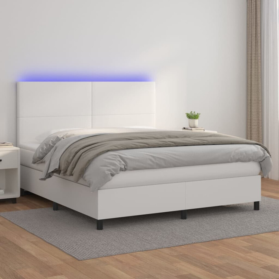 vidaXL Boxspring met matras en LED kunstleer wit 160x200 cm vidaXL Boxspring met matras en LED kunstleer wit 160x200 cm afbeelding 1