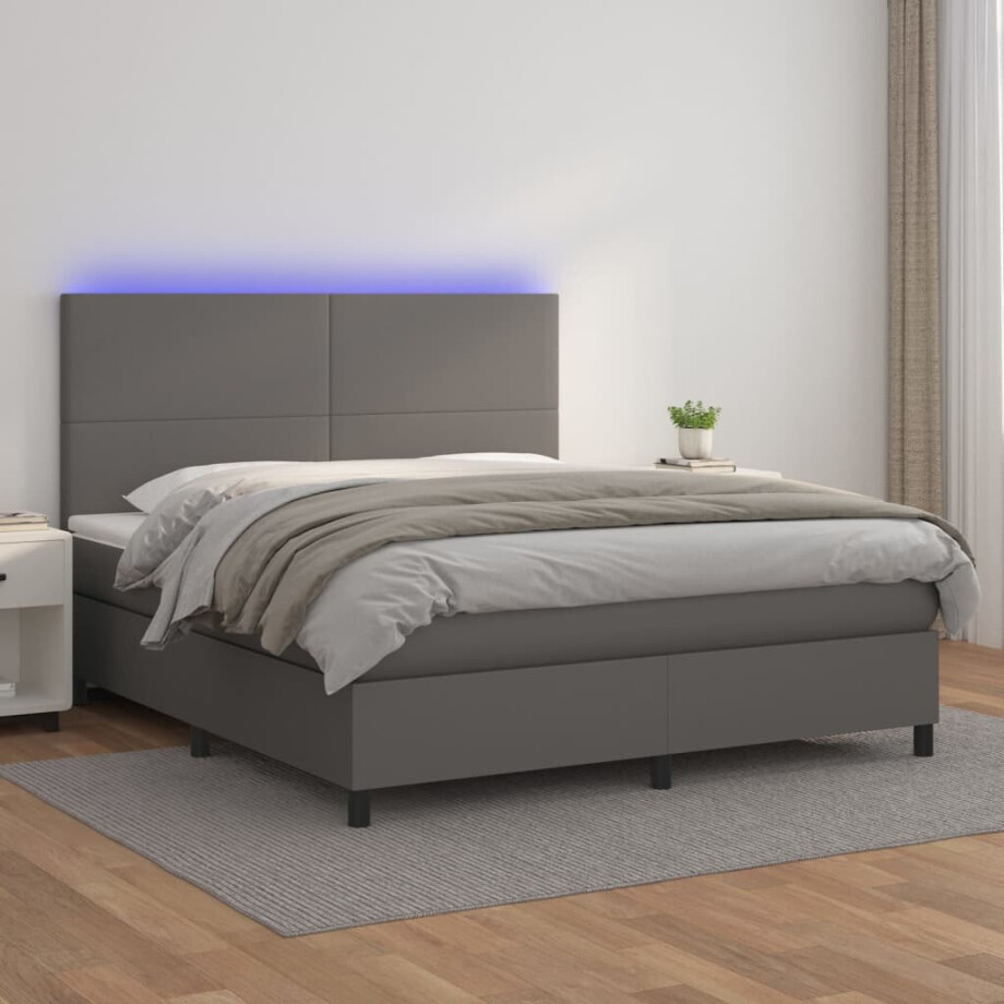 vidaXL Boxspring met matras en LED kunstleer grijs 160x200 cm afbeelding 1
