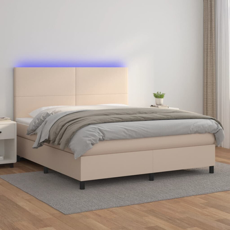 vidaXL Boxspring met matras en LED kunstleer cappuccinokleur 180x200cm afbeelding 1