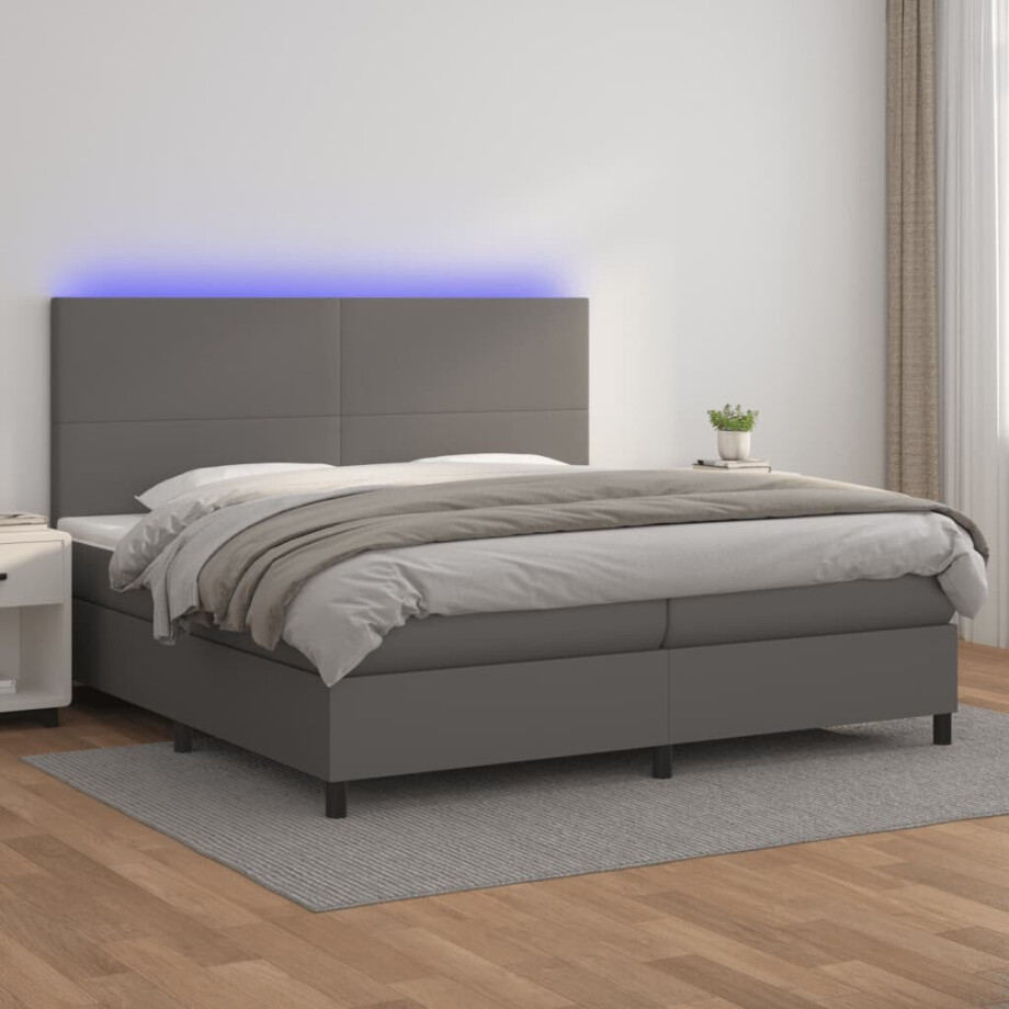 vidaXL Boxspring met matras en LED kunstleer grijs 200x200 cm vidaXL Boxspring met matras en LED kunstleer grijs 200x200 cm afbeelding 1