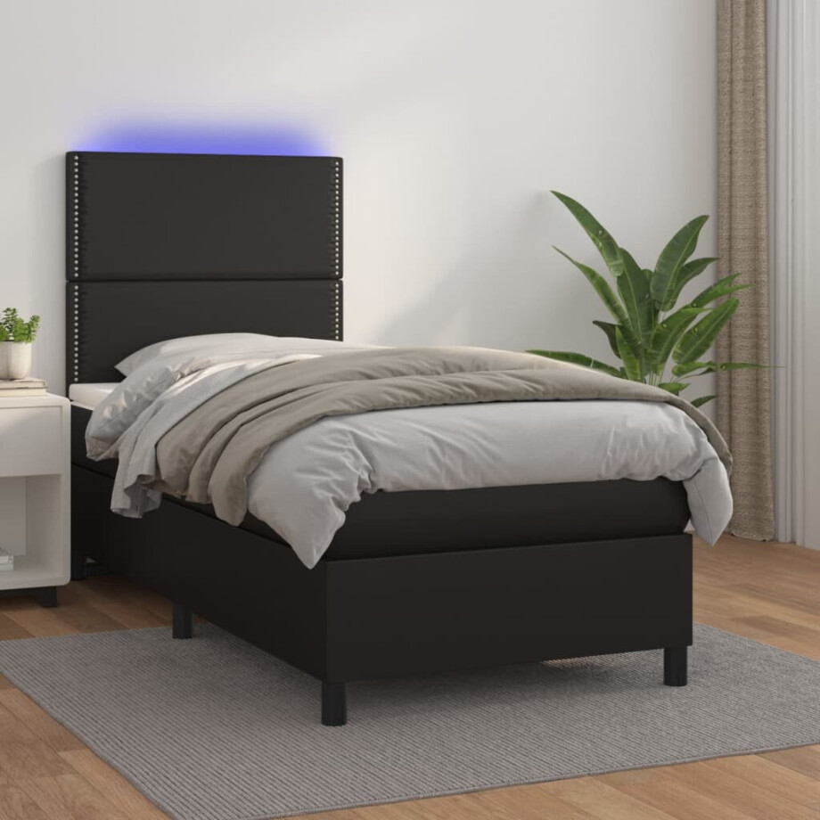 vidaXL Boxspring met matras en LED kunstleer zwart 90x190 cm vidaXL Boxspring met matras en LED kunstleer zwart 90x190 cm afbeelding 1